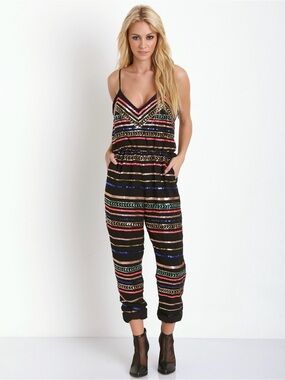Mara Hoffman Black Multicolor Striped Sequin Jumpsuit